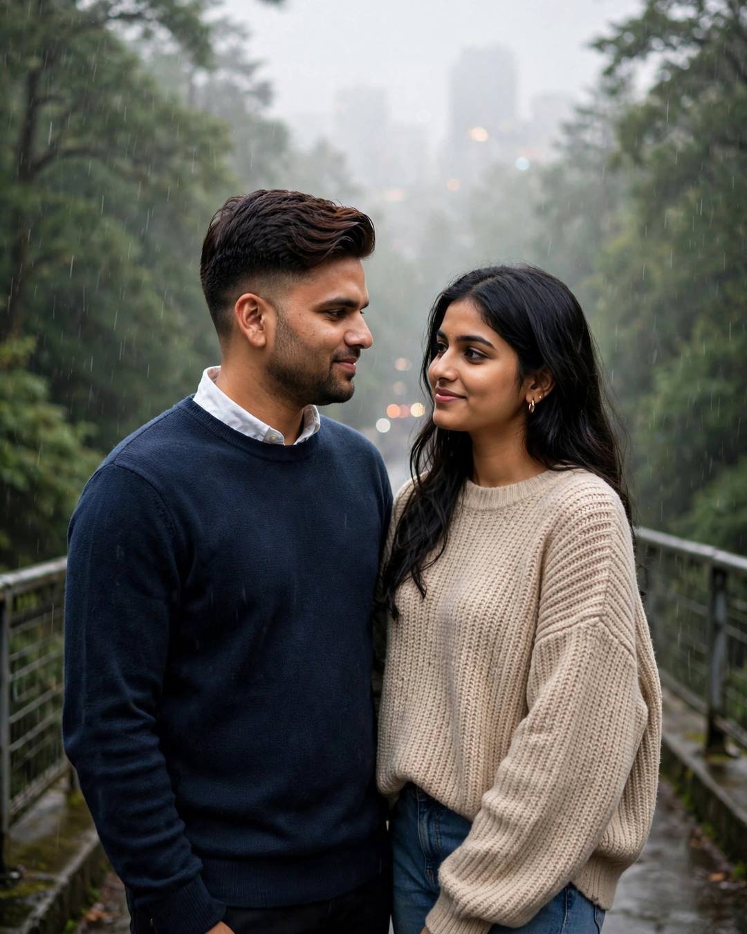 Young Indian man with the creator's face in a navy sweater and an AI-imagined woman in beige gazing at each other on a drizzly bridge