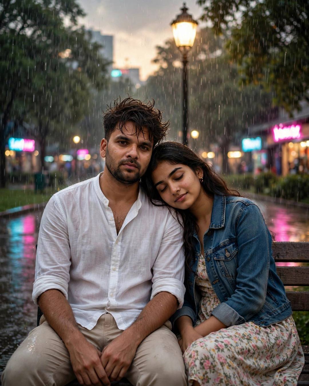 Young Indian man with the creator's face in white linen and an AI-imagined woman in denim and florals sitting close on a neon-lit rainy park bench