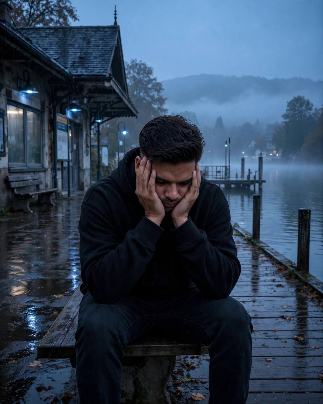 AI portrait of a young man in a black oversized hoodie sitting on a wooden bench at a misty lake pier at dawn, head in hands, blue-hour cinematic light