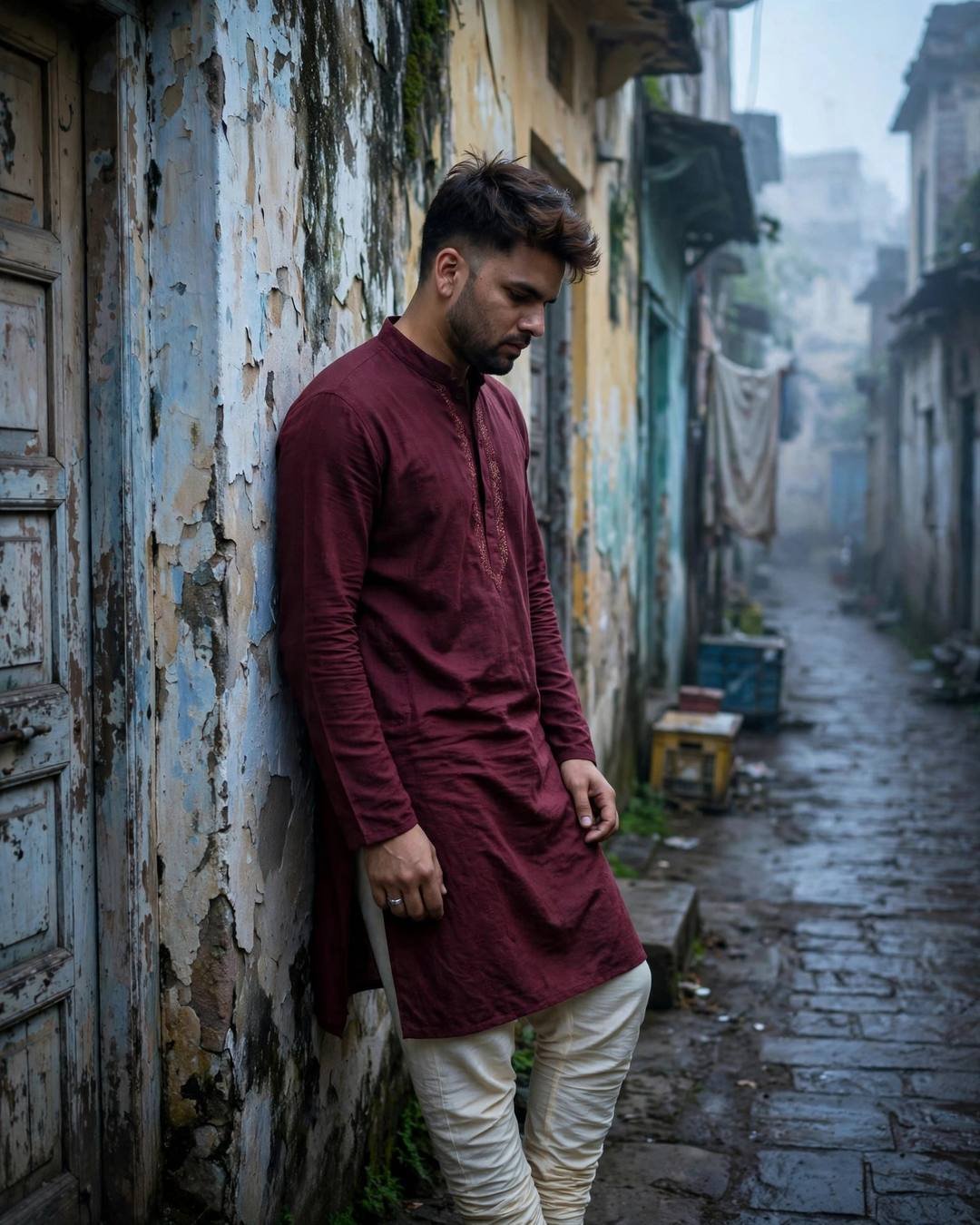 AI portrait of a young man in a maroon kurta leaning against a weathered peeling wall in a foggy old-city lane at dawn