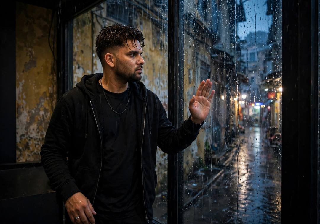 AI portrait of a young man in all-black streetwear standing at a rain-streaked window with one hand on the glass, old-city lane glowing behind the rain
