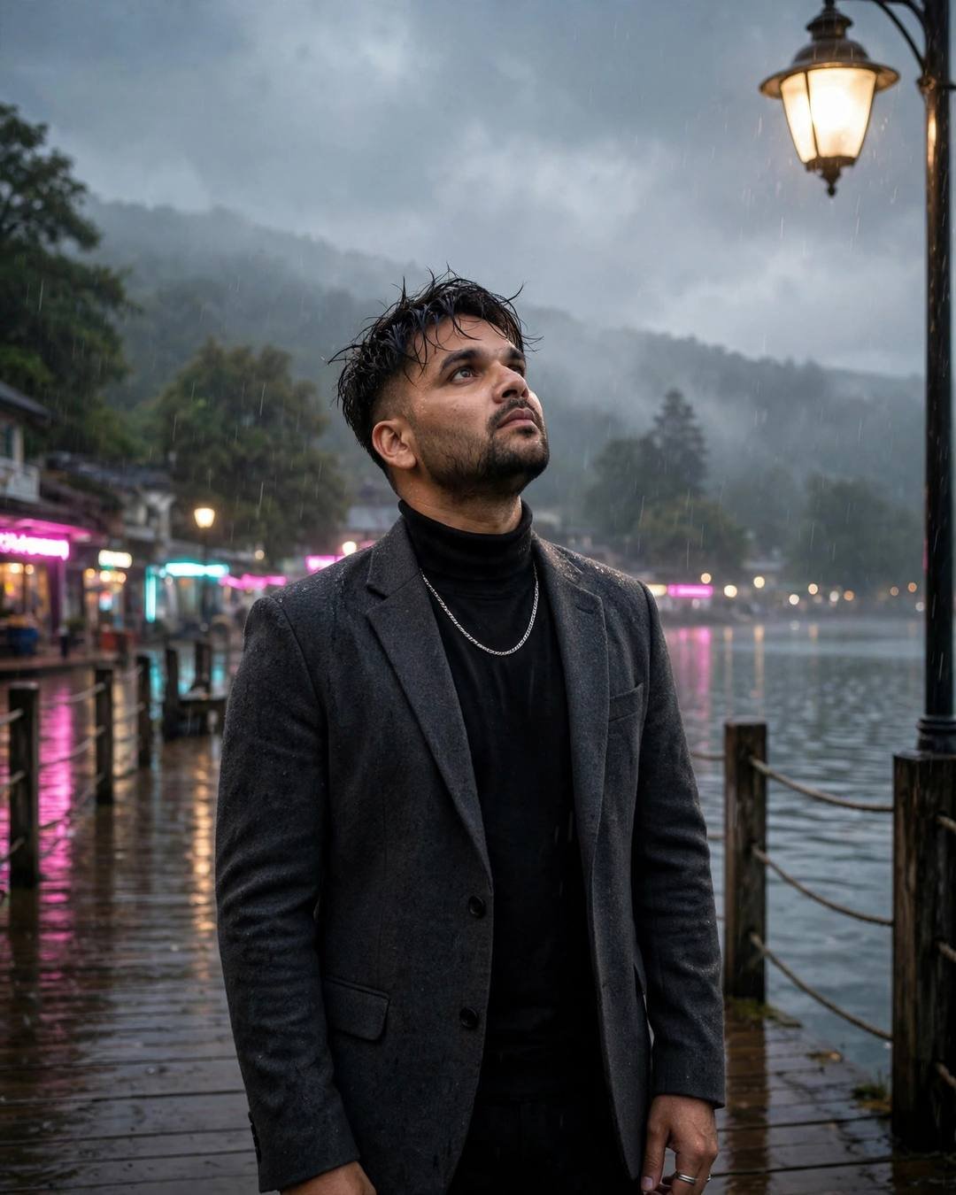 AI portrait of a young man in a charcoal blazer and black turtleneck standing under a streetlamp in the rain with his face lifted to the sky, lake and neon lights behind