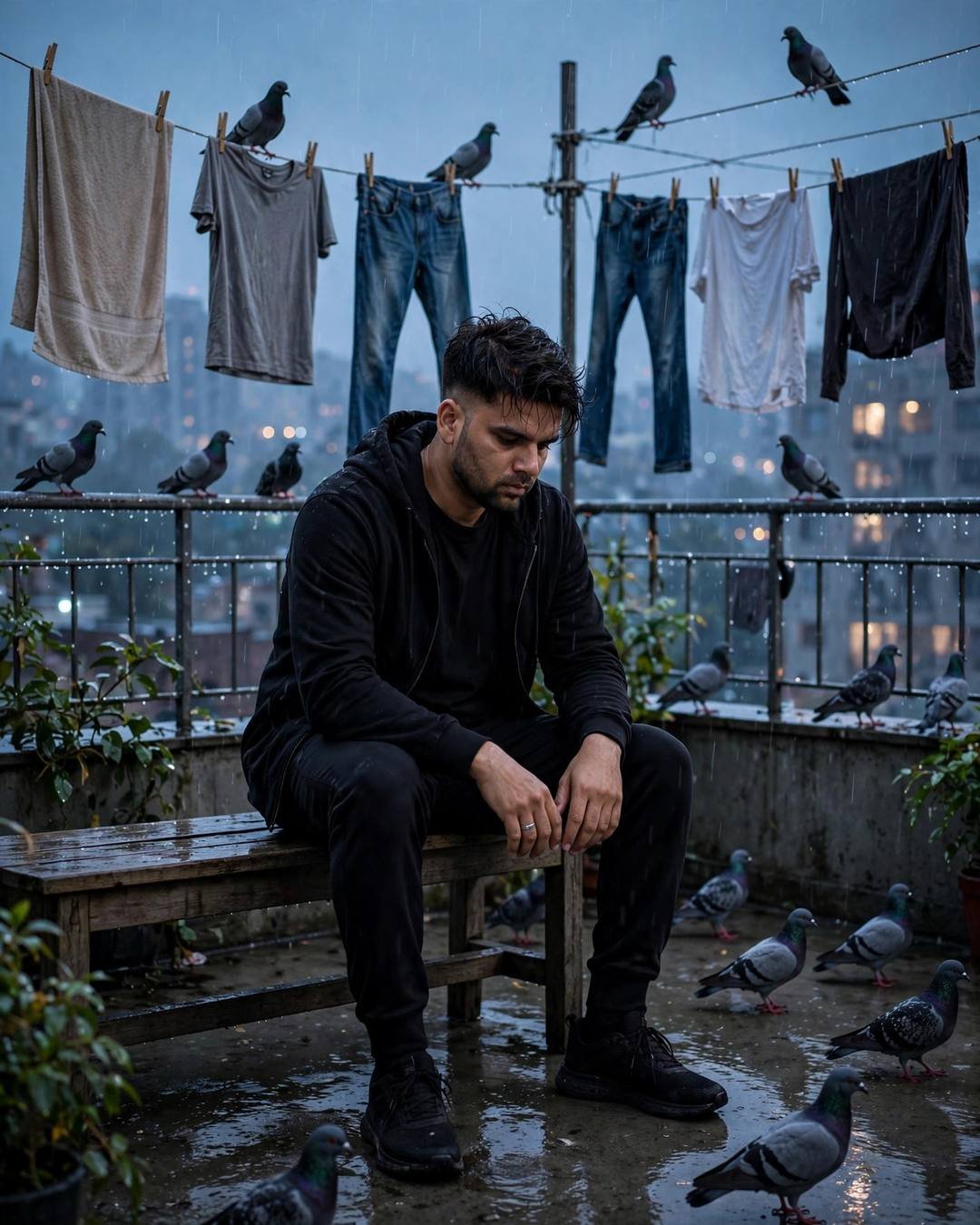 AI portrait of a young man in all-black streetwear sitting on a rooftop bench in the drizzle, half his face lit, clothes lines and pigeons around