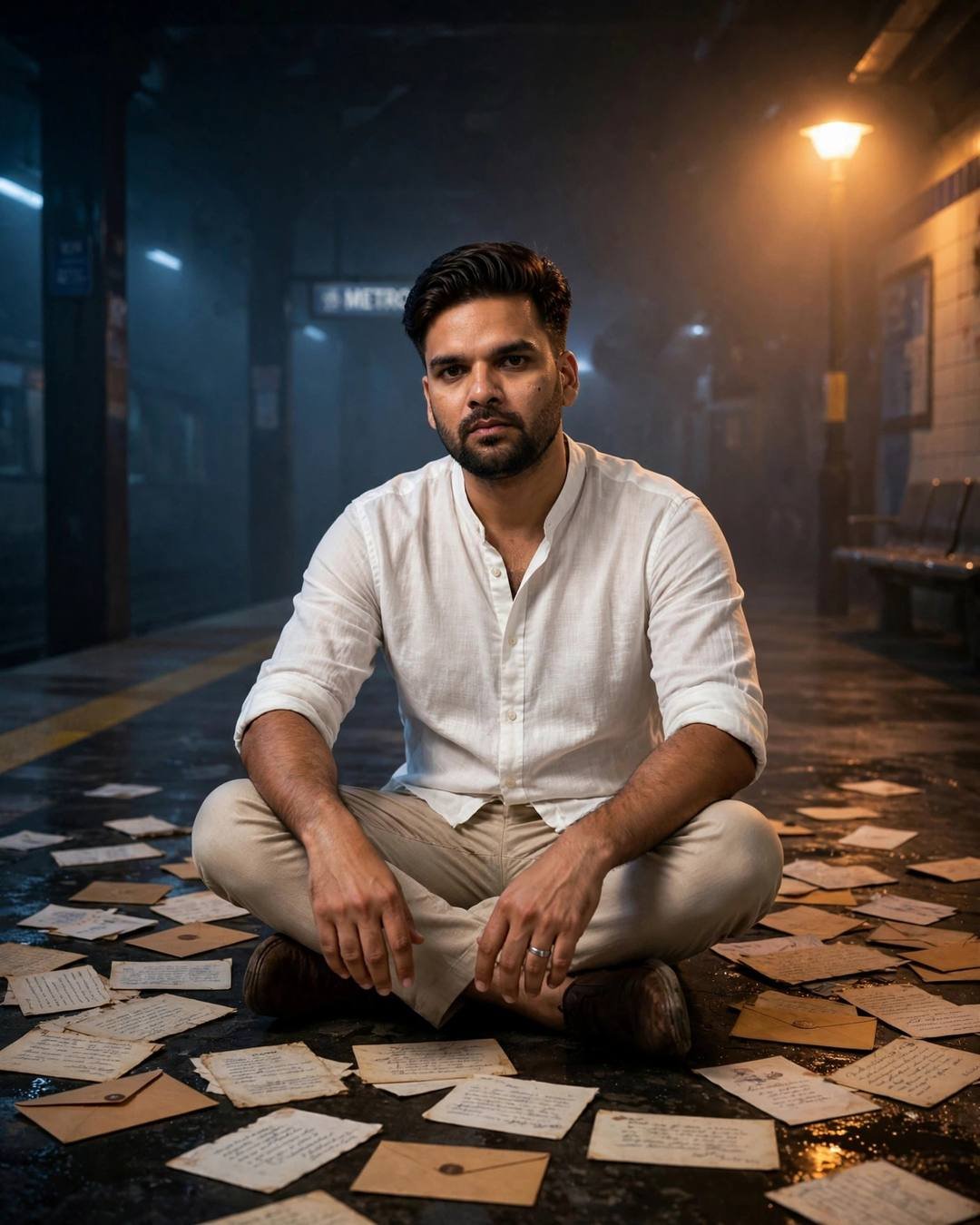 Young Indian man with the creator's face in a white linen shirt sitting cross-legged on a foggy midnight metro platform surrounded by old letters