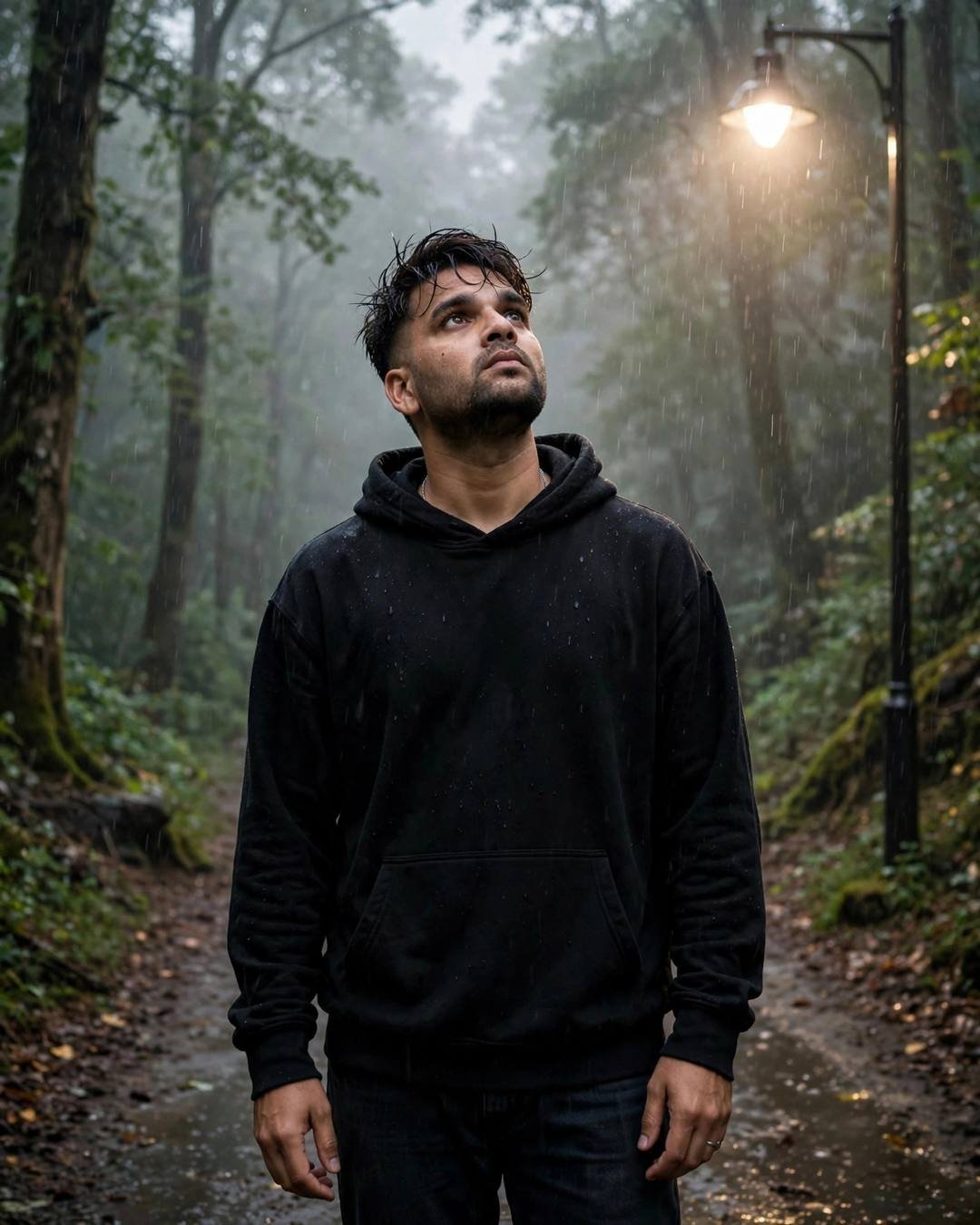 Young Indian man with the creator's face in a black hoodie standing under a streetlamp in the rain on a misty forest path, face lifted to the sky