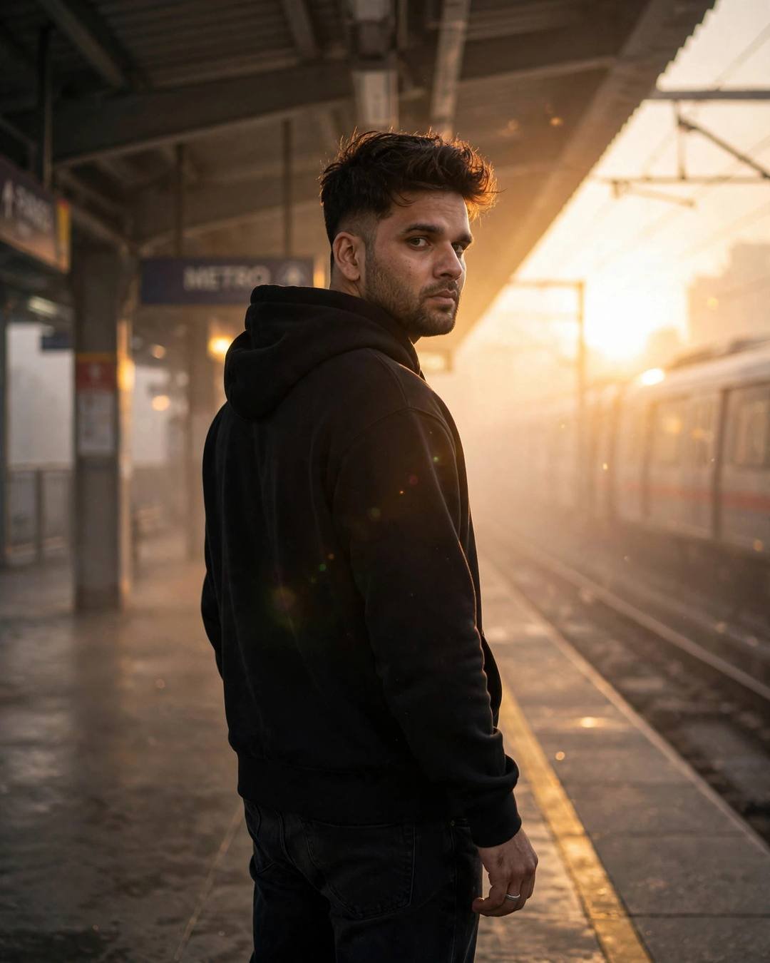 Young Indian man with the creator's face in a black hoodie on a foggy metro platform at golden hour, looking back over his shoulder
