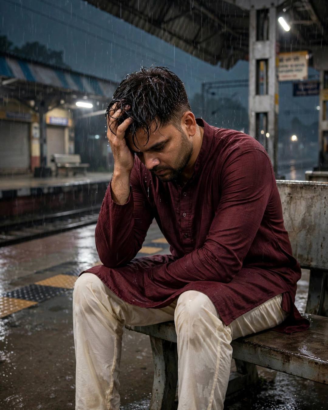 Young Indian man with the creator's face in a maroon kurta sitting head-in-hands on a rainy midnight railway platform bench