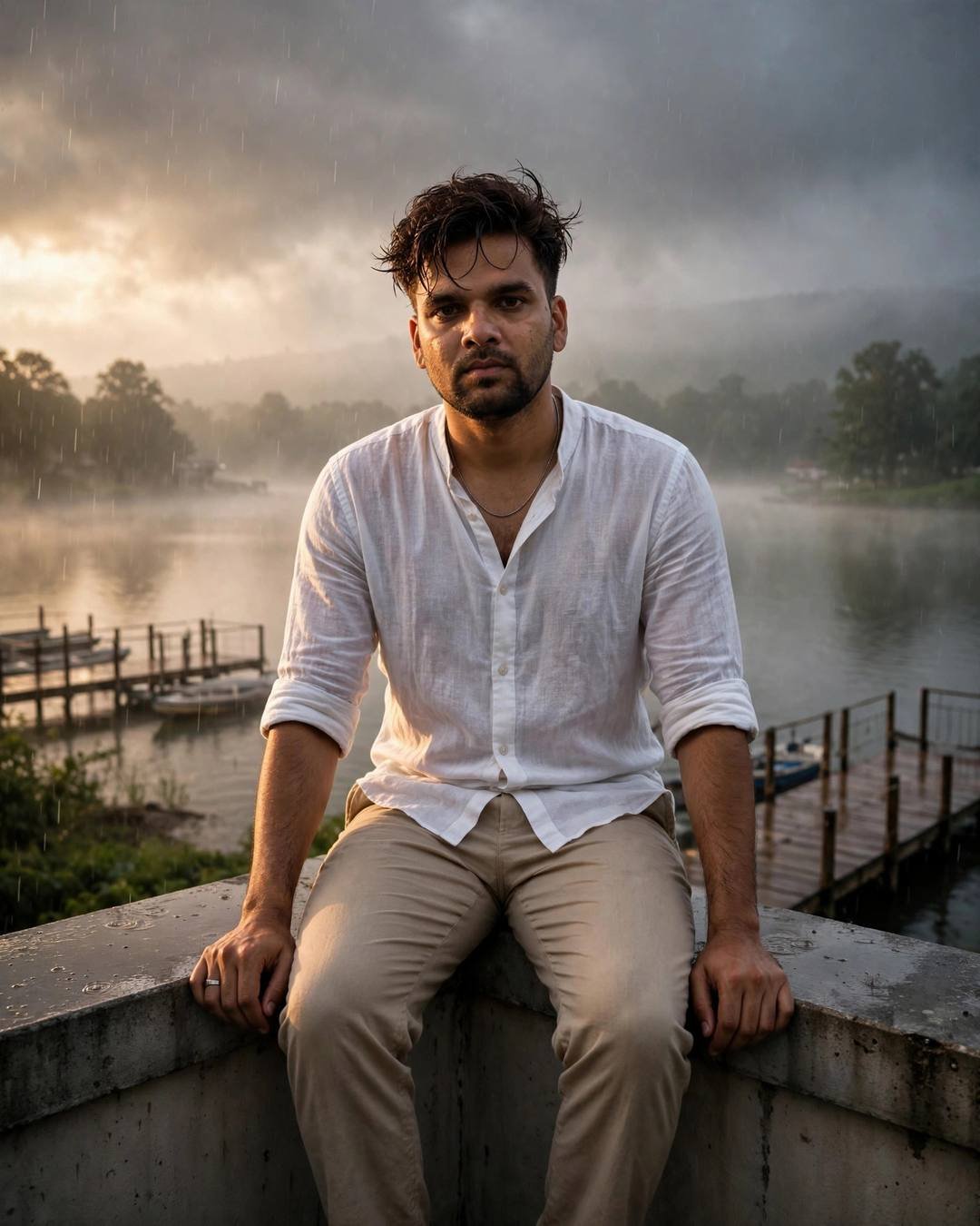 Young Indian man with the creator's face in a white linen shirt sitting on a rooftop ledge at dawn above a lake pier