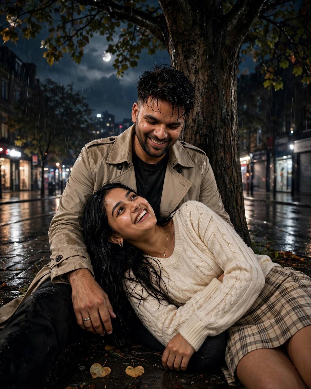Young Indian man with the creator's face in a beige trench coat and an AI-imagined woman laughing together under a tree on a rainy midnight street