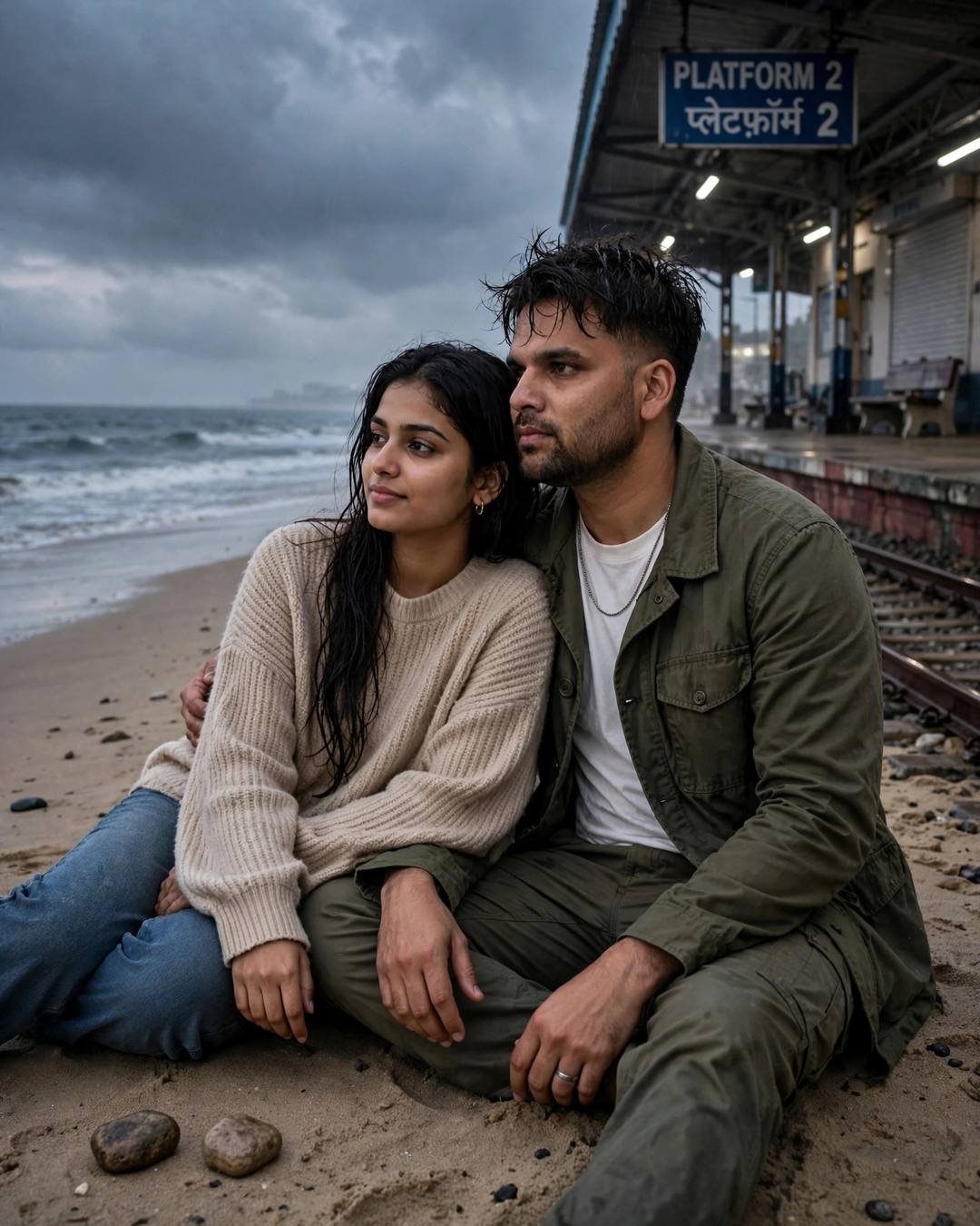 Young Indian man with the creator's face in an olive field jacket and an AI-imagined woman in beige sitting on night sand holding new home keys