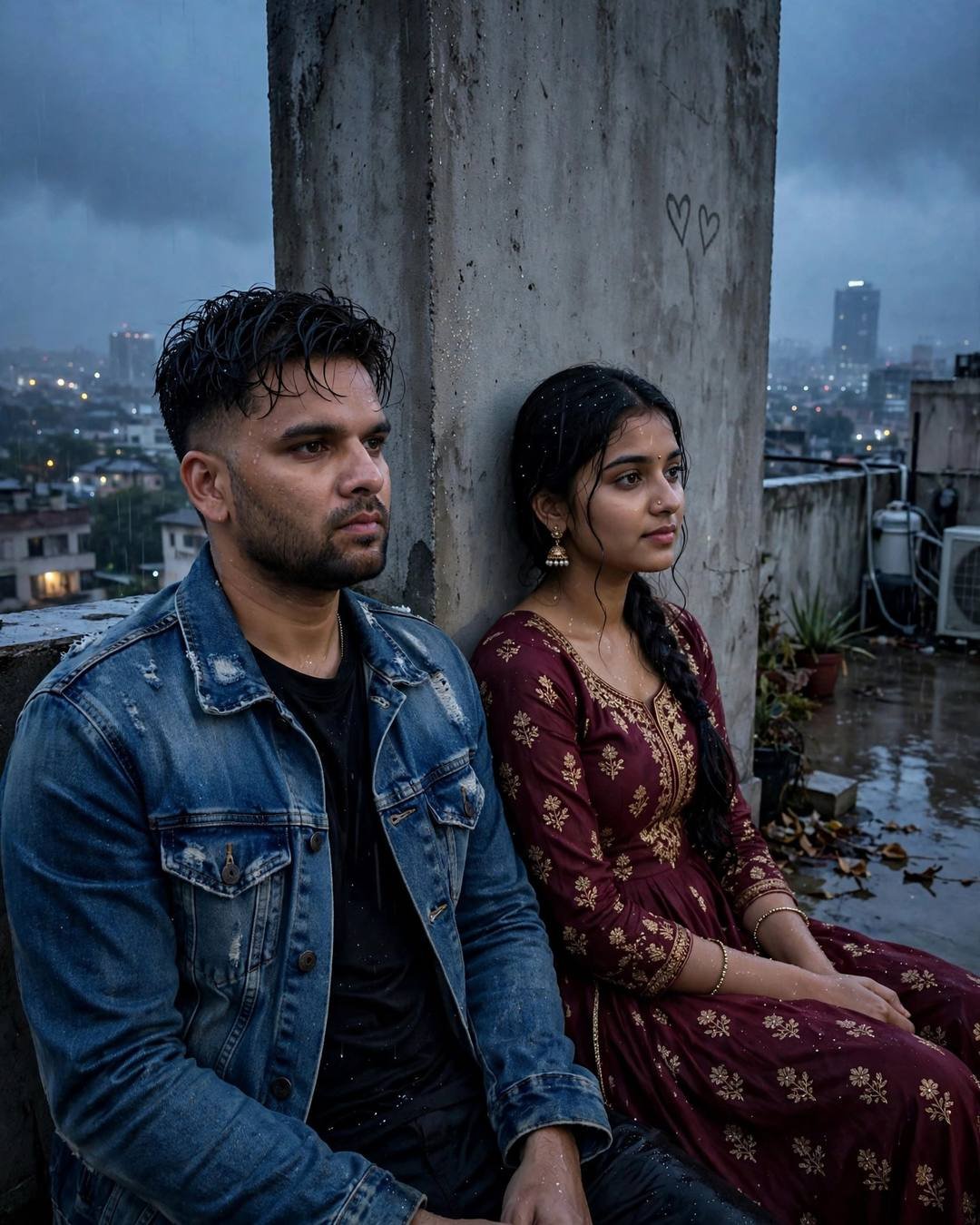 Young Indian man with the creator's face in a denim jacket and an AI-imagined woman in a maroon anarkali sitting back-to-back on a blue-hour rooftop