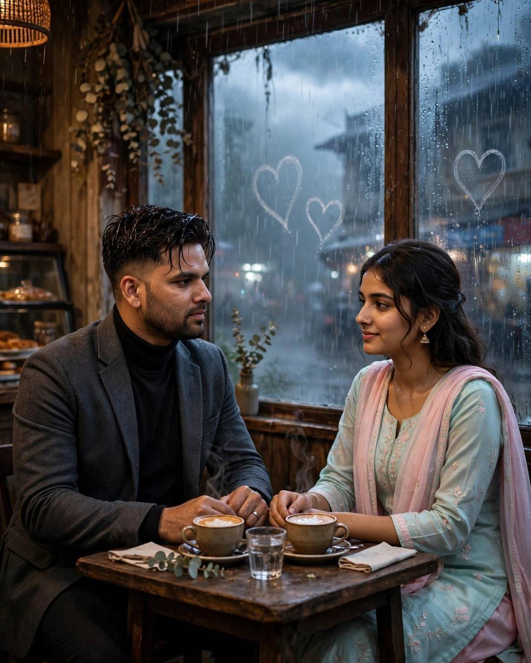 Young Indian man with the creator's face in a charcoal blazer and an AI-imagined woman in pastel salwar-kameez seated across a cafe table, hands almost touching