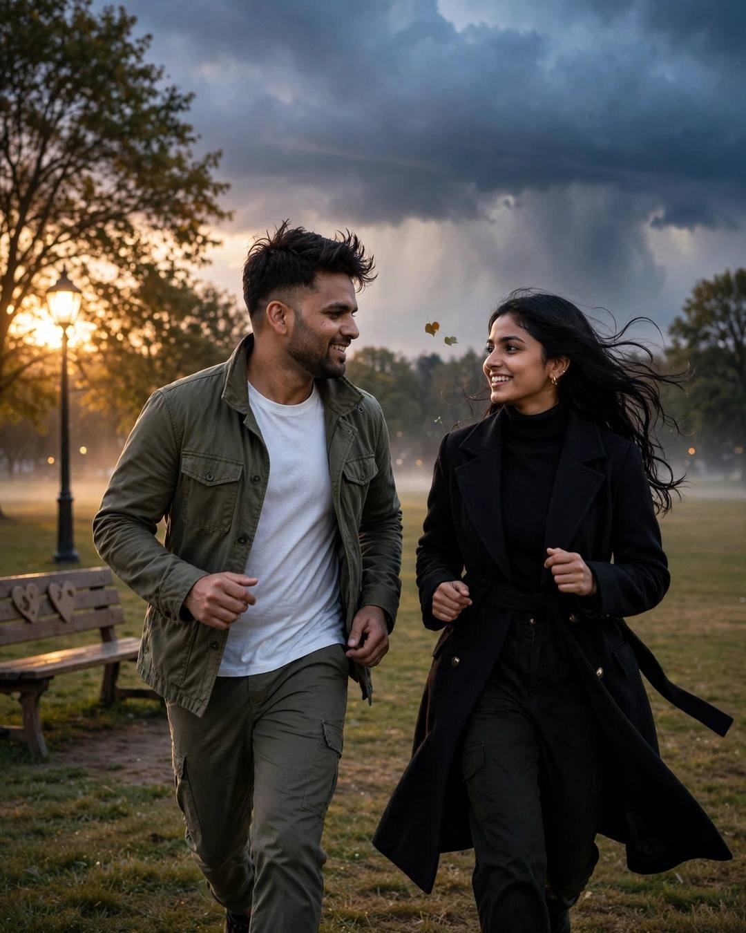 Young Indian man with the creator's face in an olive field jacket and an AI-imagined woman in black running toward each other in a rainy park at golden hour