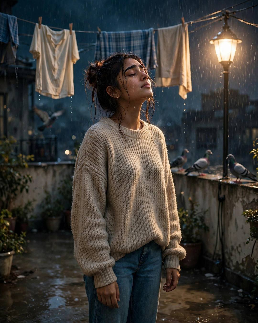 AI-imagined young Indian woman in a beige sweater on a rainy terrace at midnight, face lifted to the sky under a streetlamp, pigeons nearby
