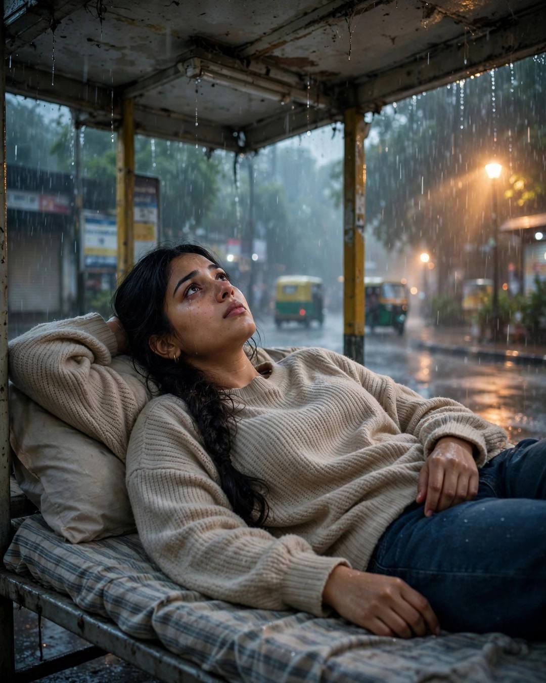 AI-imagined young Indian woman in a beige sweater reclining on a bus stop bench in monsoon rain, staring upward, long braid over shoulder