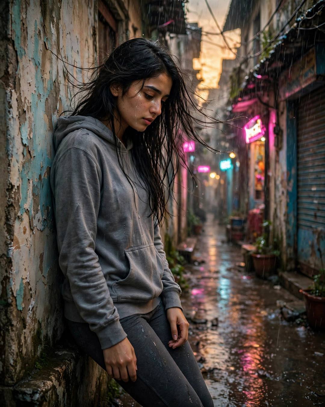 AI-imagined young Indian woman in a grey hoodie reading a letter in a rainy neon-lit old-city lane, hair blowing in the wind