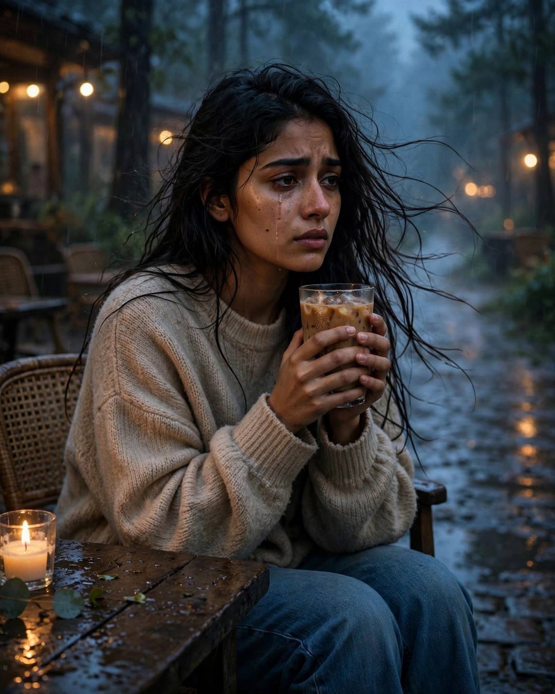 AI-imagined young Indian woman in a beige sweater at a blue-hour cafe table cradling an iced coffee, tear on cheek, candlelit