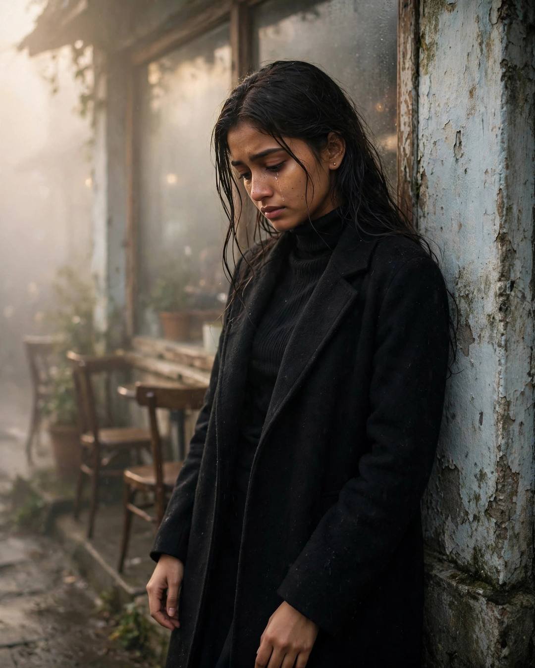 AI-imagined young Indian woman in a black turtleneck and long coat leaning on a fogged cafe wall, tear on cheek, golden fog light