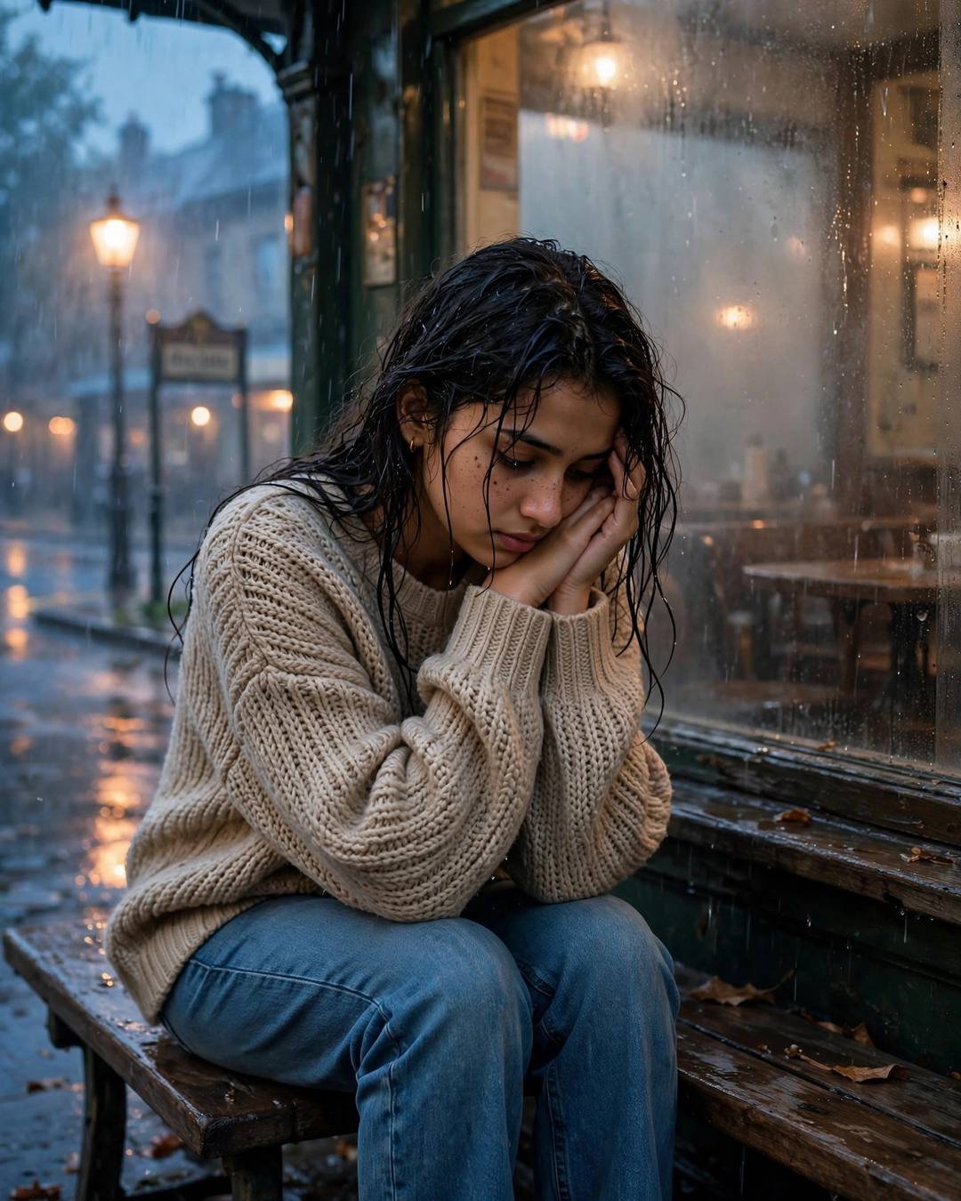 Young Indian woman in an oversized beige sweater sitting on a rainy station bench at blue hour, chin resting in her hands, wet hair clinging to her face, old cafe window glowing beside her