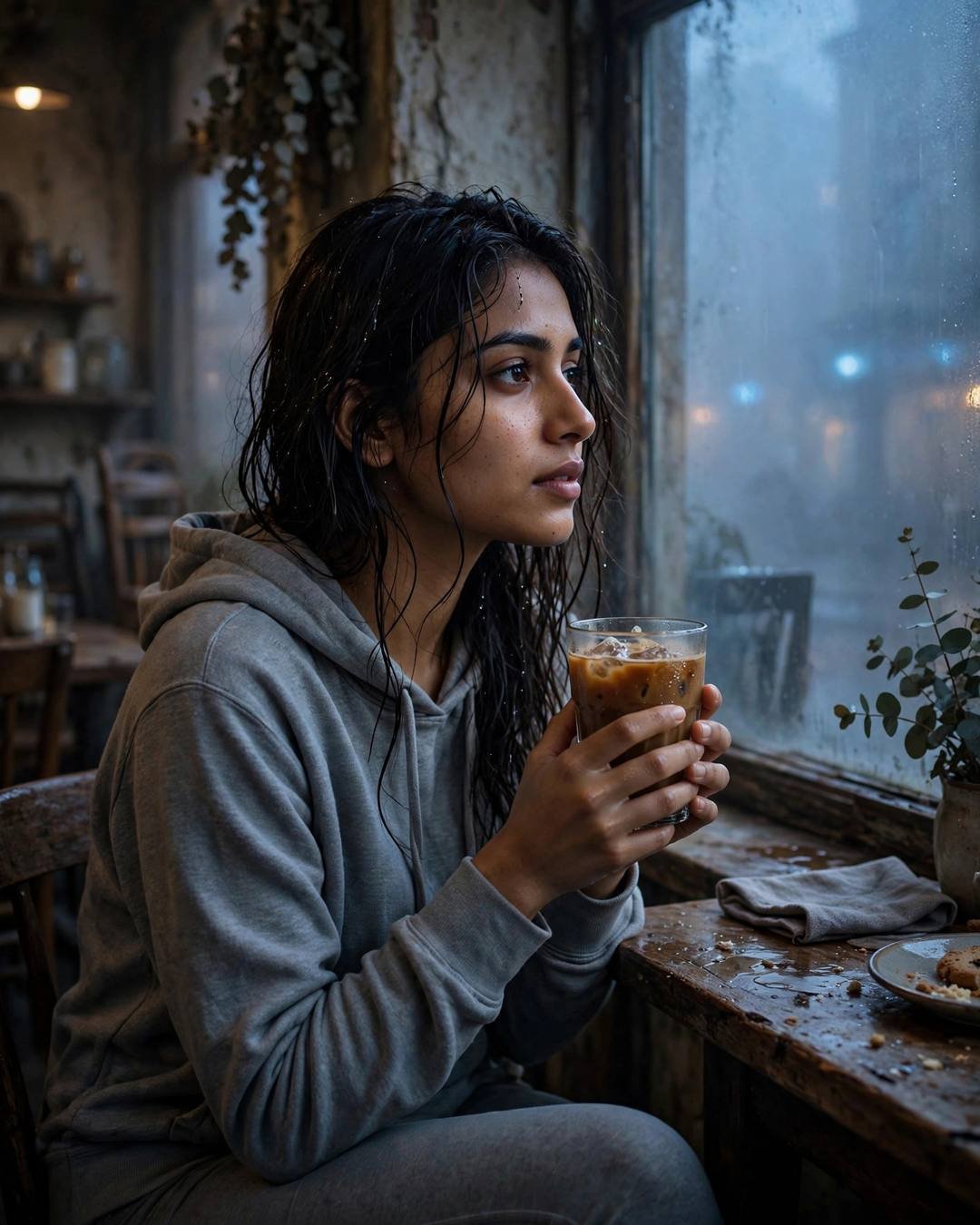 Young Indian woman in a grey hoodie sitting at a cafe table by a fogged window at blue hour, cradling a cold iced coffee, wet hair clinging to her face, lost in thought