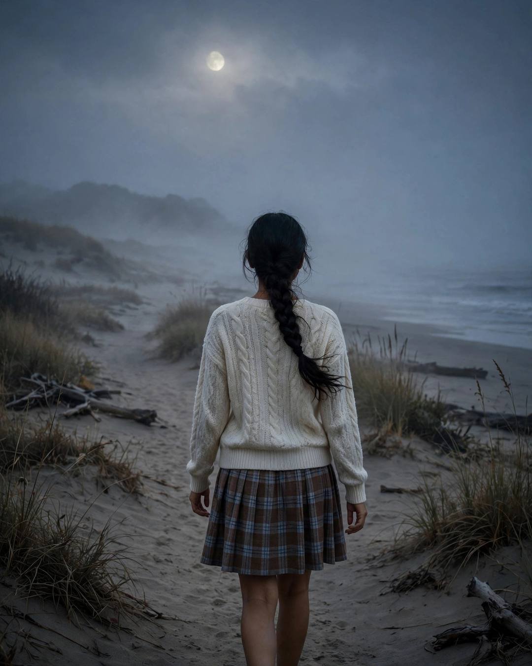 Young Indian woman in a cream knit top and plaid skirt walking away down a dune path on a deserted foggy beach at dusk, long braid over one shoulder, moon pale through the clouds