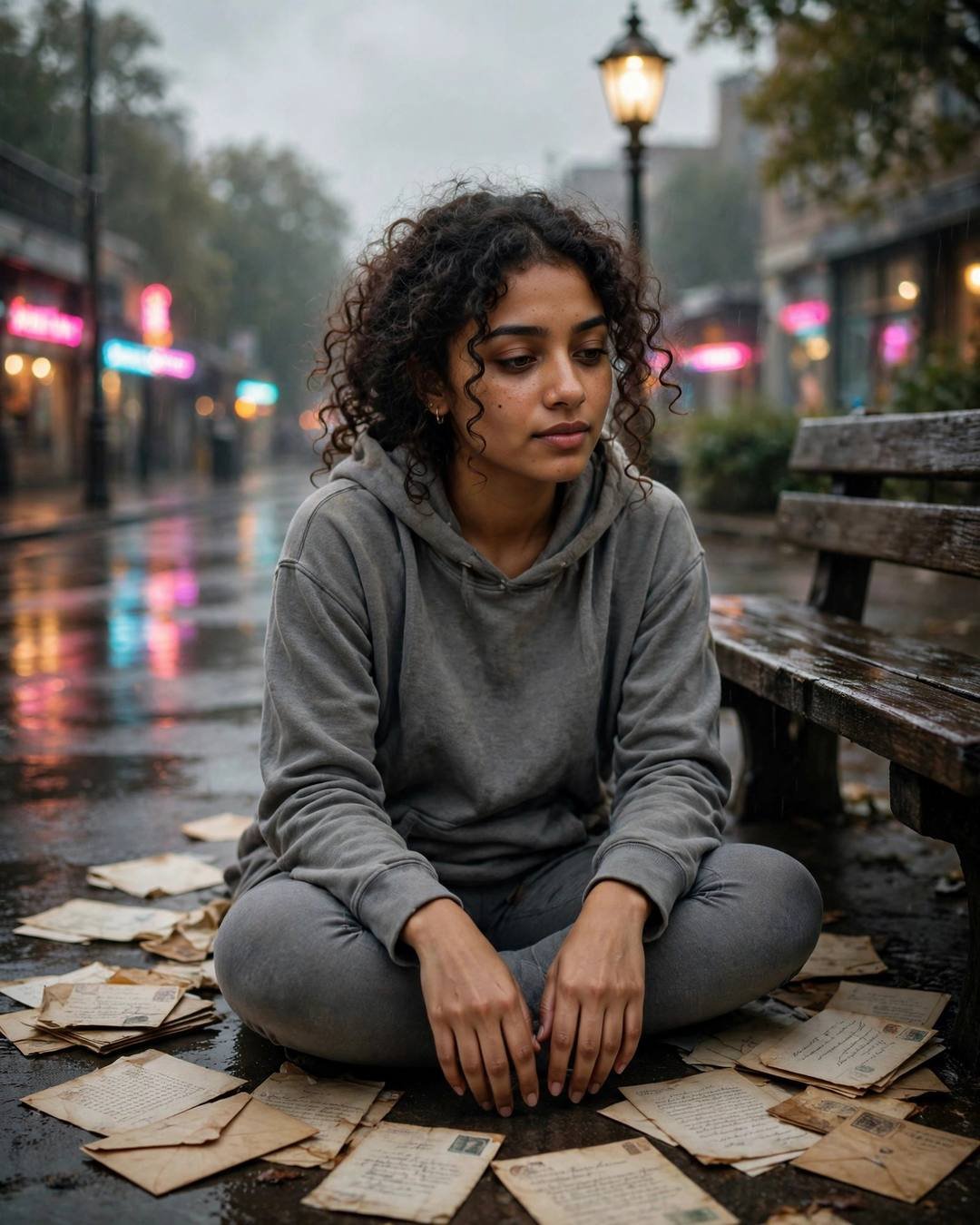 Young Indian woman in a grey hoodie sitting cross-legged on rain-wet pavement under a lone streetlamp, surrounded by scattered old letters and diary pages, neon pink and cyan glowing behind her