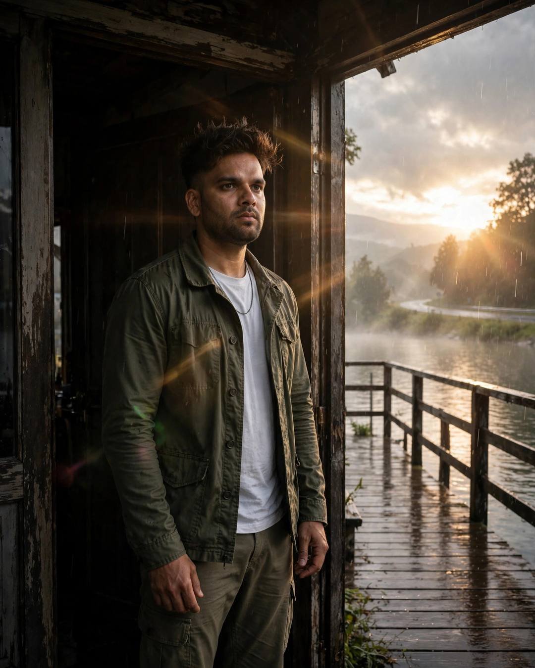 AI portrait of a young man in an olive field jacket standing in a weathered doorway, golden dawn breaking over a rain-washed lake pier behind