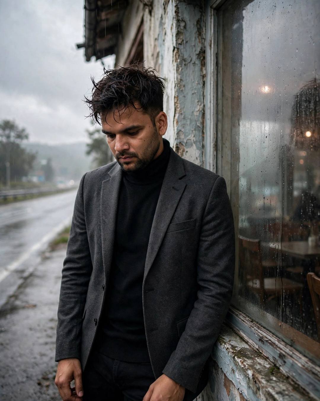AI portrait of a young man in a charcoal blazer leaning against a weathered wall beside a closed café's fogged window, head tilted down, empty rainy road behind