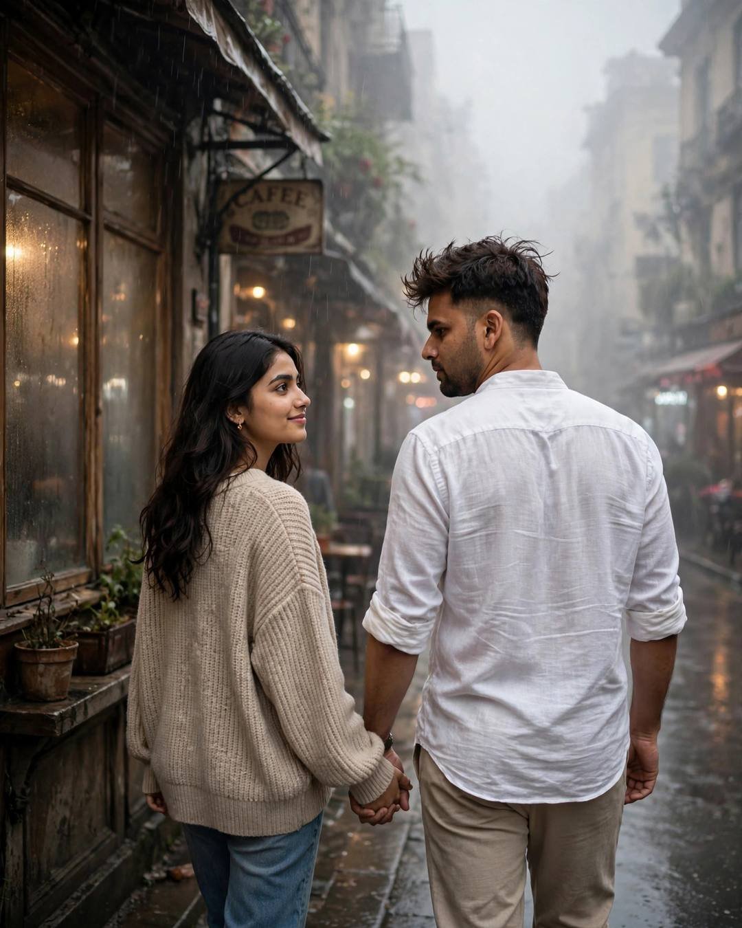 Young Indian couple walking hand in hand away from the camera down a foggy lane past an old cafe with glowing windows — the man in a white linen shirt, the woman in an oversized beige sweater