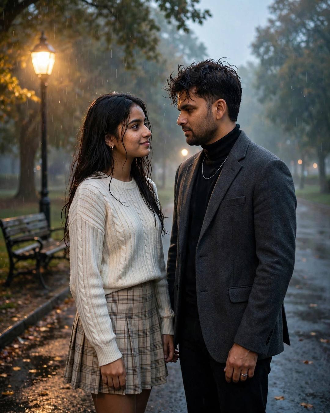 Young Indian couple holding hands under a lone streetlamp on a rainy park path at dawn — the man in a charcoal blazer and black turtleneck, the woman in a cream knit top and plaid skirt