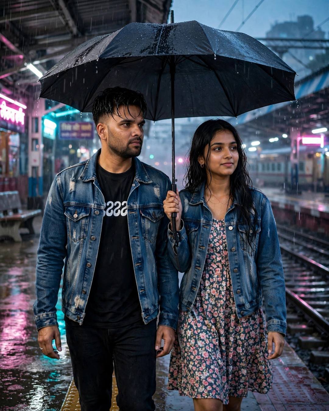 Young Indian couple sharing one umbrella on an empty railway platform at night — both in denim jackets, neon pink and cyan lights reflecting on the wet concrete