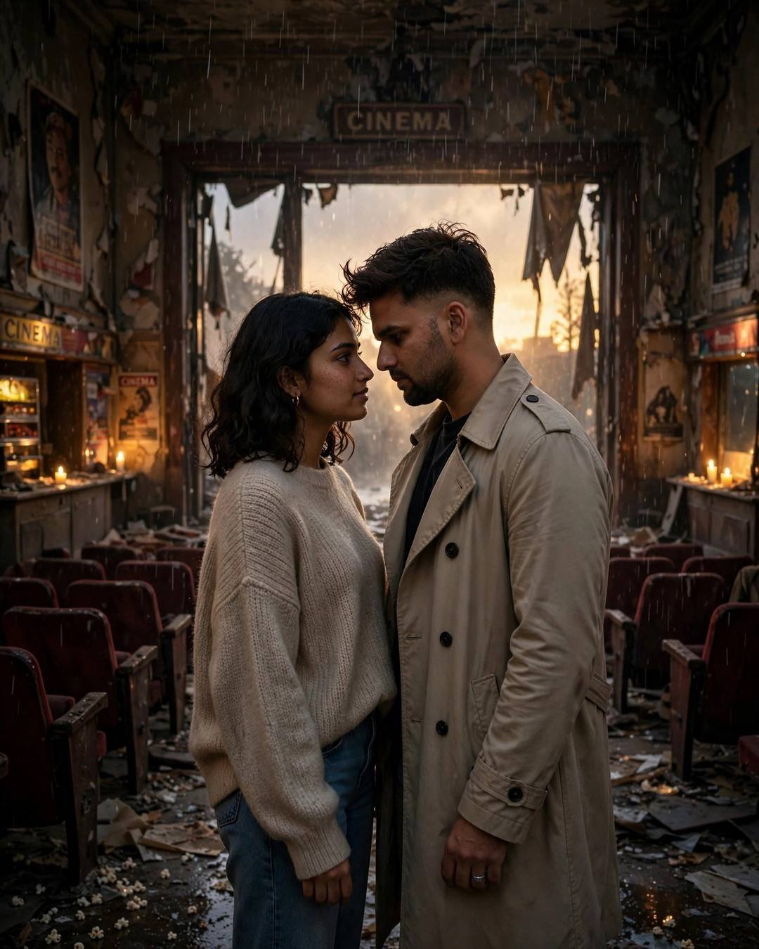Young Indian couple standing face to face with foreheads almost touching in an abandoned cinema hall — the man in a beige trench coat, the woman in an oversized beige sweater, candles glowing in the darkness
