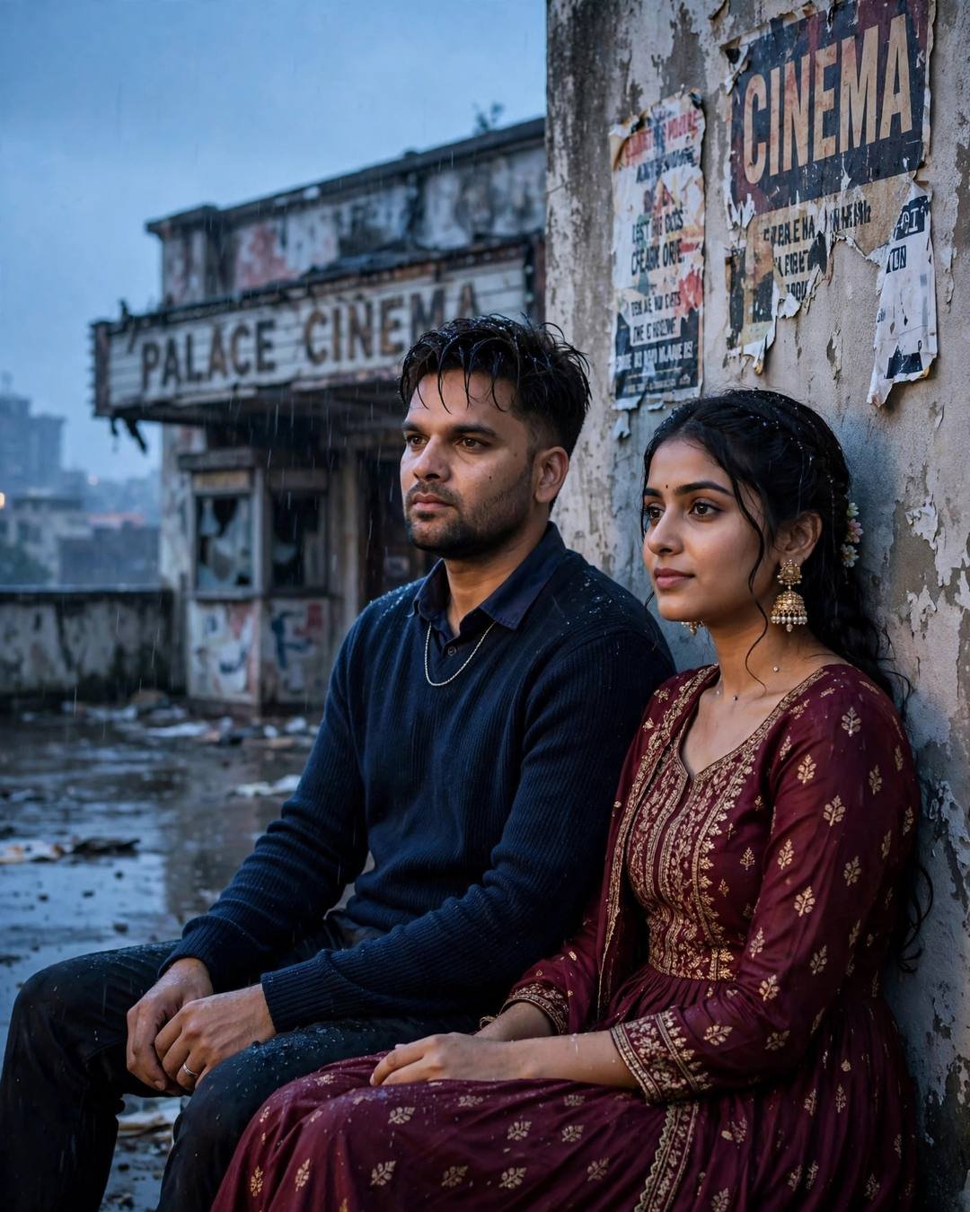 Young Indian couple sitting with backs against an abandoned cinema wall in the rain at blue hour — the man in a navy sweater, the woman in a maroon anarkali with jhumkas, sharing comfortable silence