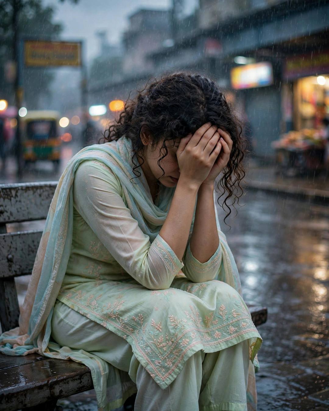 AI-generated cinematic portrait: Crying in a trial room, the dress