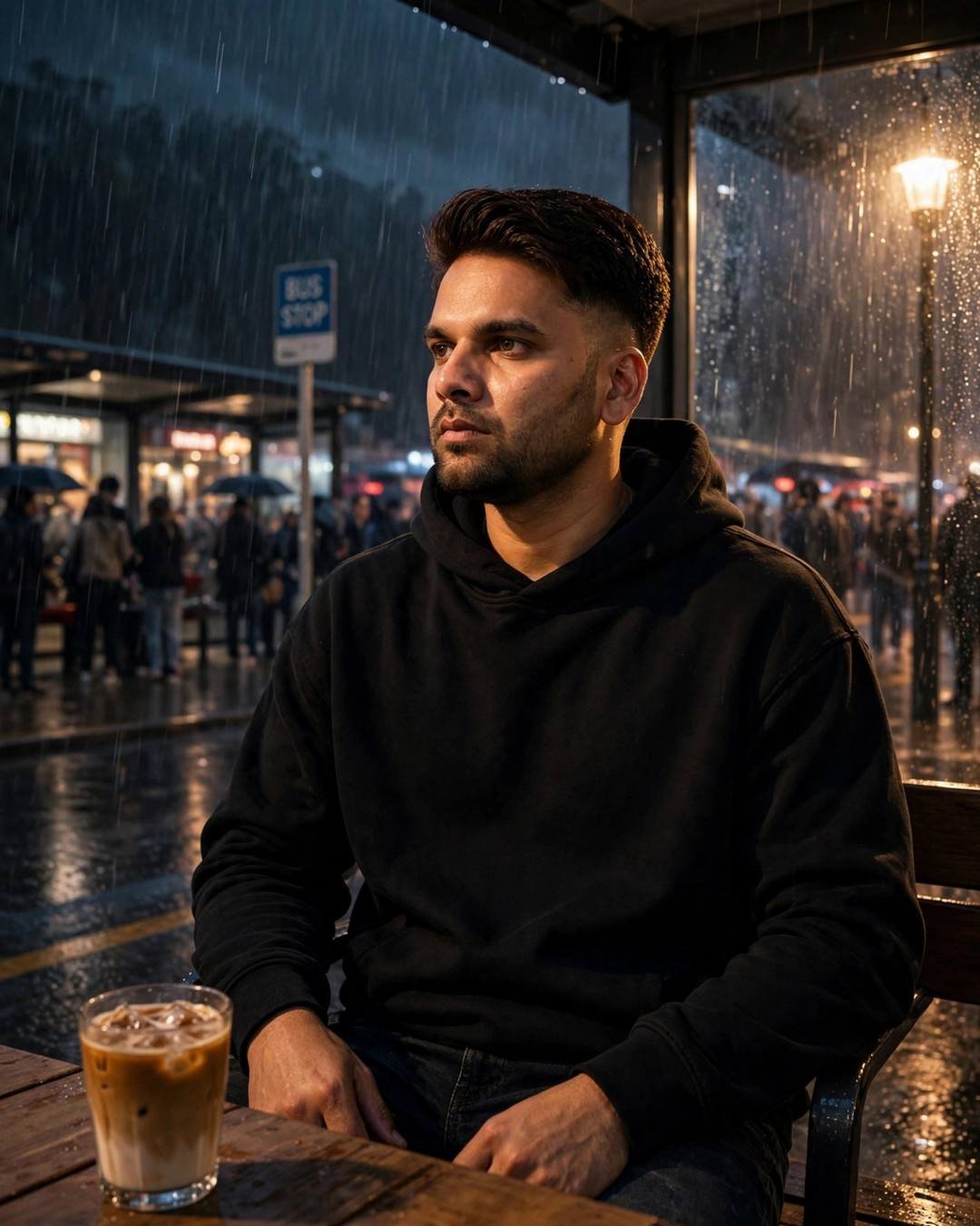 AI-generated cinematic portrait: Walking through a festival crowd, untouched by