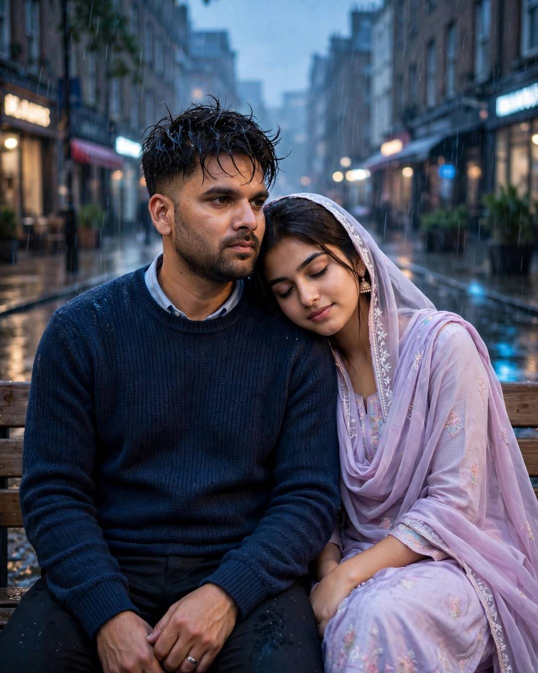 Young Indian couple sitting close on a bench on a rain-soaked city street at blue hour — the man in a navy sweater, the woman in a pastel salwar-kameez with dupatta, her head resting on his shoulder