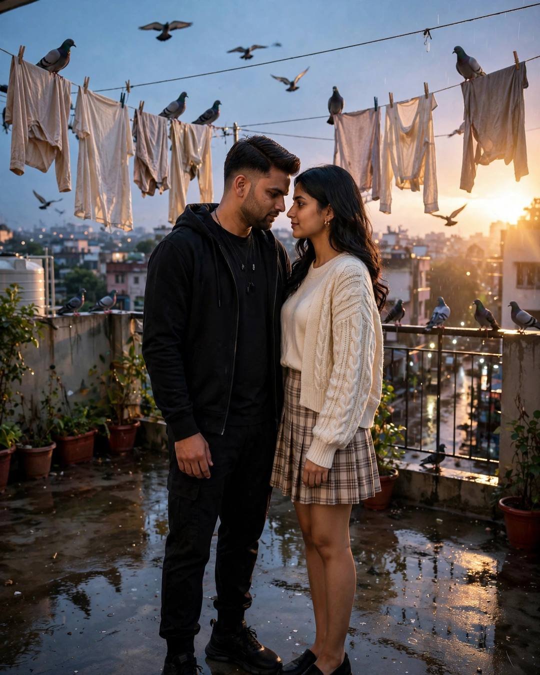 Young Indian couple standing face to face on a rooftop terrace at golden hour, foreheads almost touching, the man in all-black streetwear and the woman in a cream knit top and plaid skirt, pigeons and drying clothes around them
