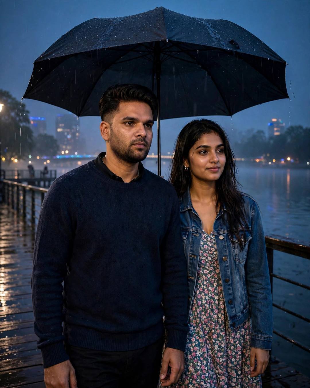 Young Indian couple under one umbrella on a rain-soaked lake pier at night — the man in a navy sweater, the woman in a denim jacket over a floral dress, city lights glowing across the water