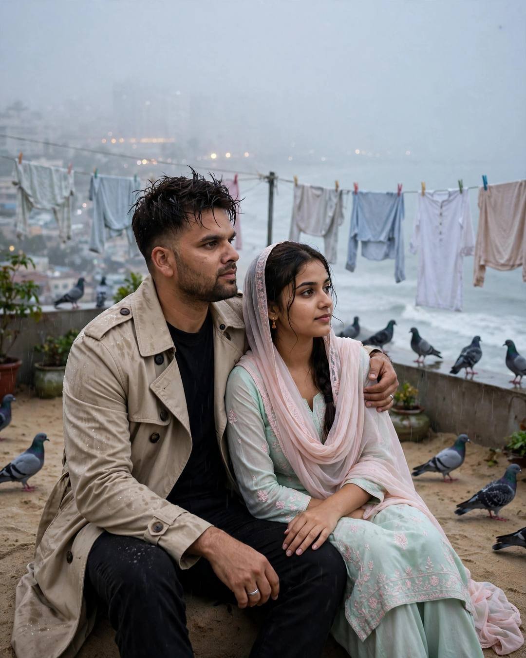 Young Indian couple sitting close on a foggy rooftop terrace at dawn — the man in a beige trench coat with his arm around the woman in a pastel salwar-kameez, pigeons and drying clothes around them