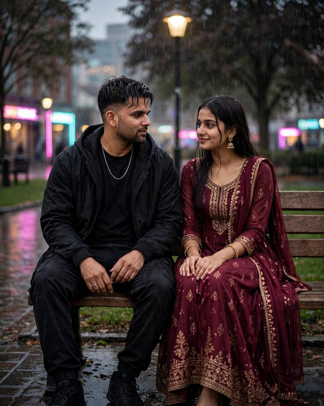 Young Indian couple on a park bench under a lone lamp in the rain at dusk — the man in all-black streetwear, the woman in a maroon anarkali with jhumkas, neon lights glowing behind them