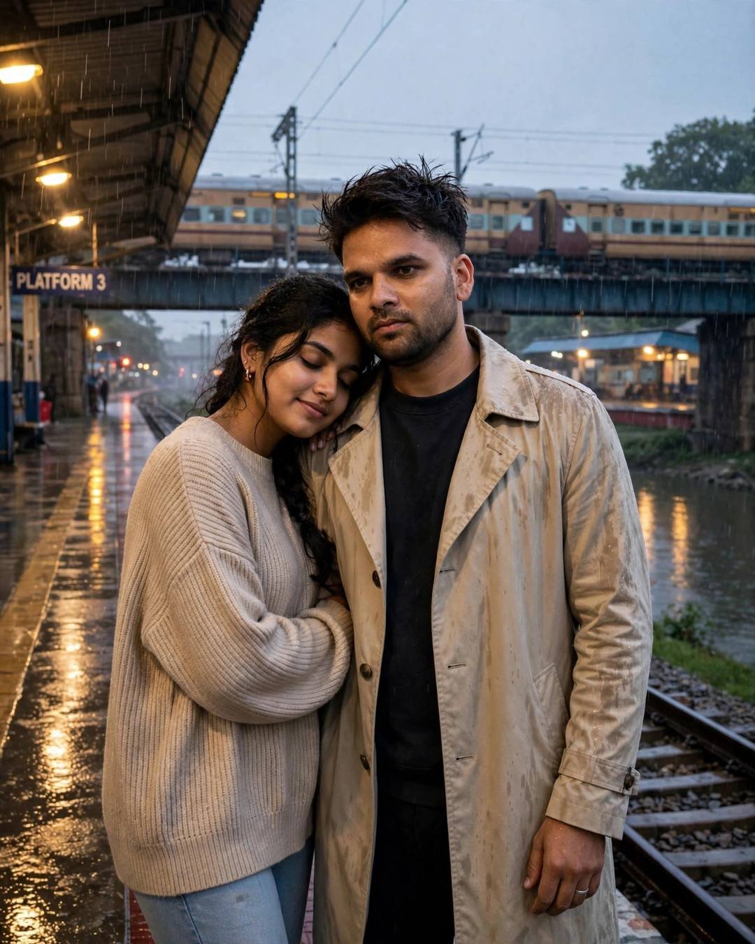 Young Indian couple standing close on a rainy railway platform at dusk — the man in a beige trench coat, the woman in an oversized beige sweater with her head on his shoulder, train and river behind them