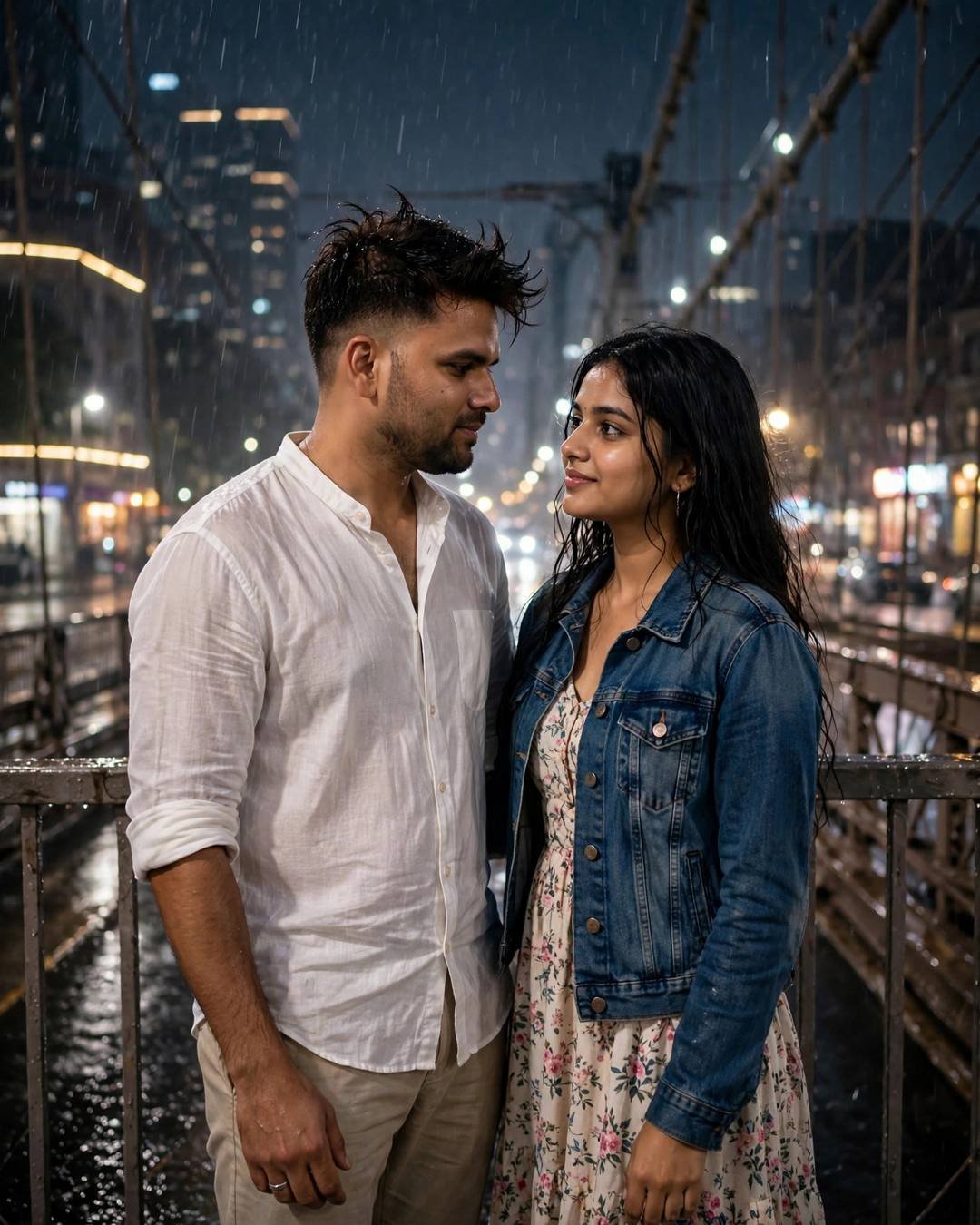 Young Indian couple standing on a bridge at midnight in the rain, looking into each other's eyes — the man in a white linen shirt, the woman in a denim jacket over a floral dress, city lights glowing behind them