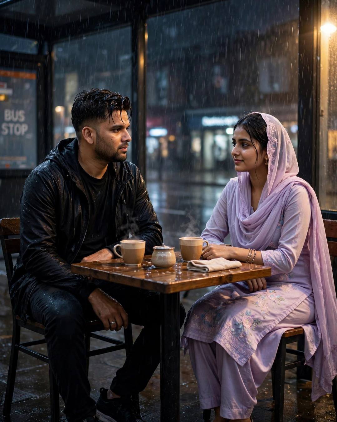 Young Indian couple sitting across a small cafe table under a bus-stop shelter in the midnight rain — the man in all-black streetwear, the woman in a pastel salwar-kameez, steaming cups between them, hands almost touching