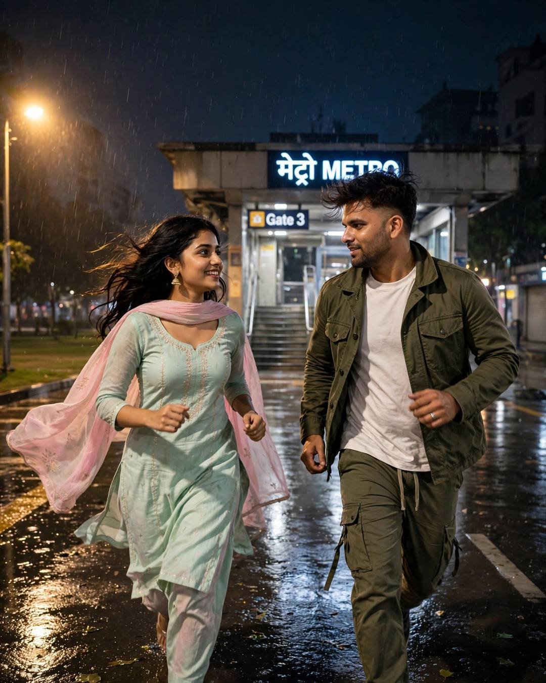 Young Indian couple running toward each other across a rain-wet street outside a midnight metro station — the man in an olive field jacket, the woman in a pastel salwar-kameez with pink dupatta streaming