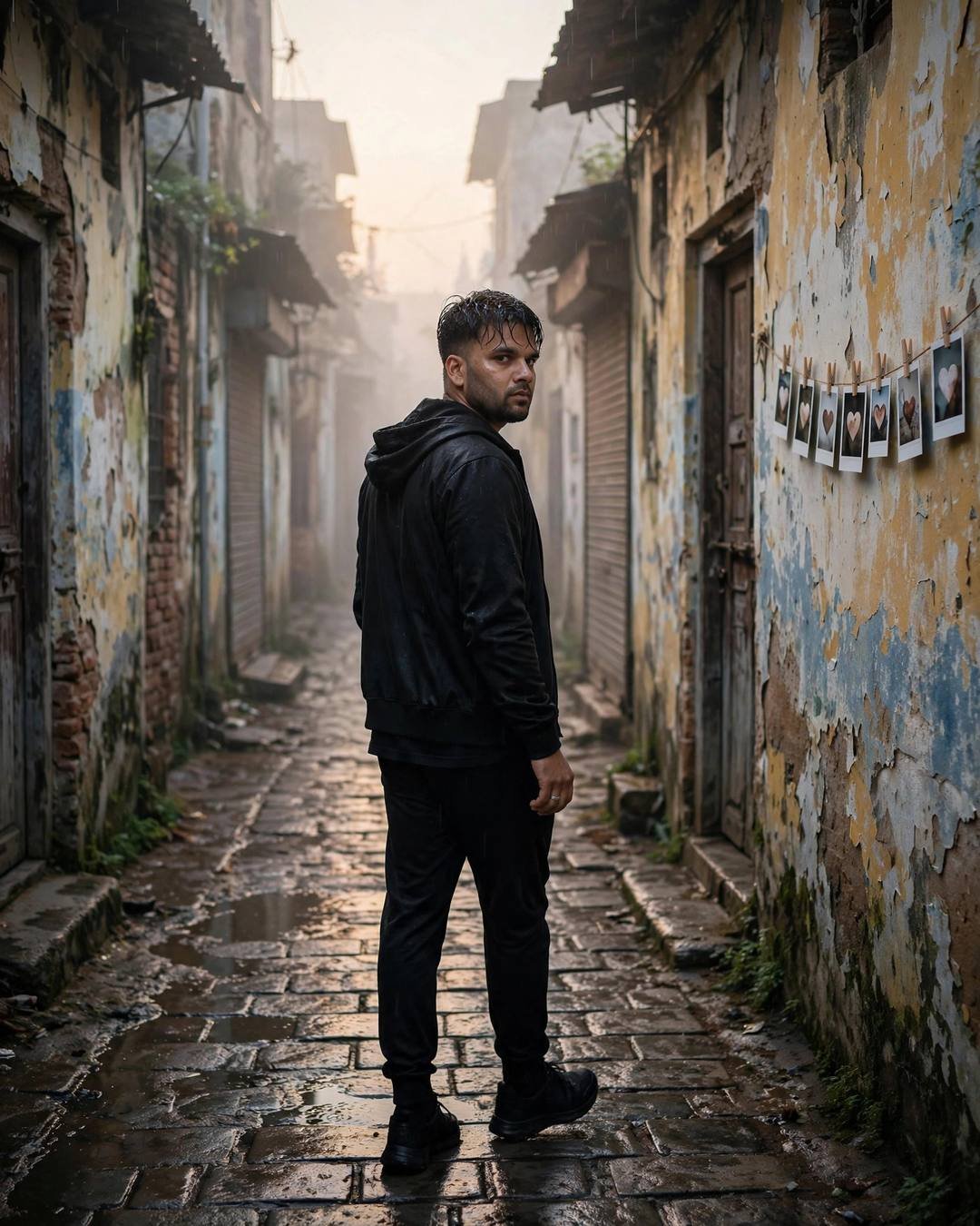 Young Indian man in all-black streetwear walking away down a foggy old-city lane at dawn, glancing back over his shoulder, polaroid photos pinned on the peeling wall beside him