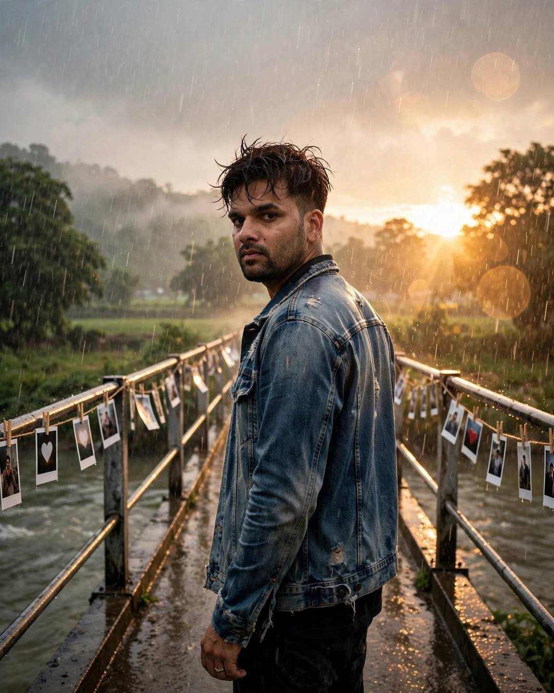 Young Indian man in a distressed denim jacket walking away across a bridge over a river in heavy monsoon rain, turning back to the camera, polaroid photos pinned along the railings, golden-hour light flaring through the storm
