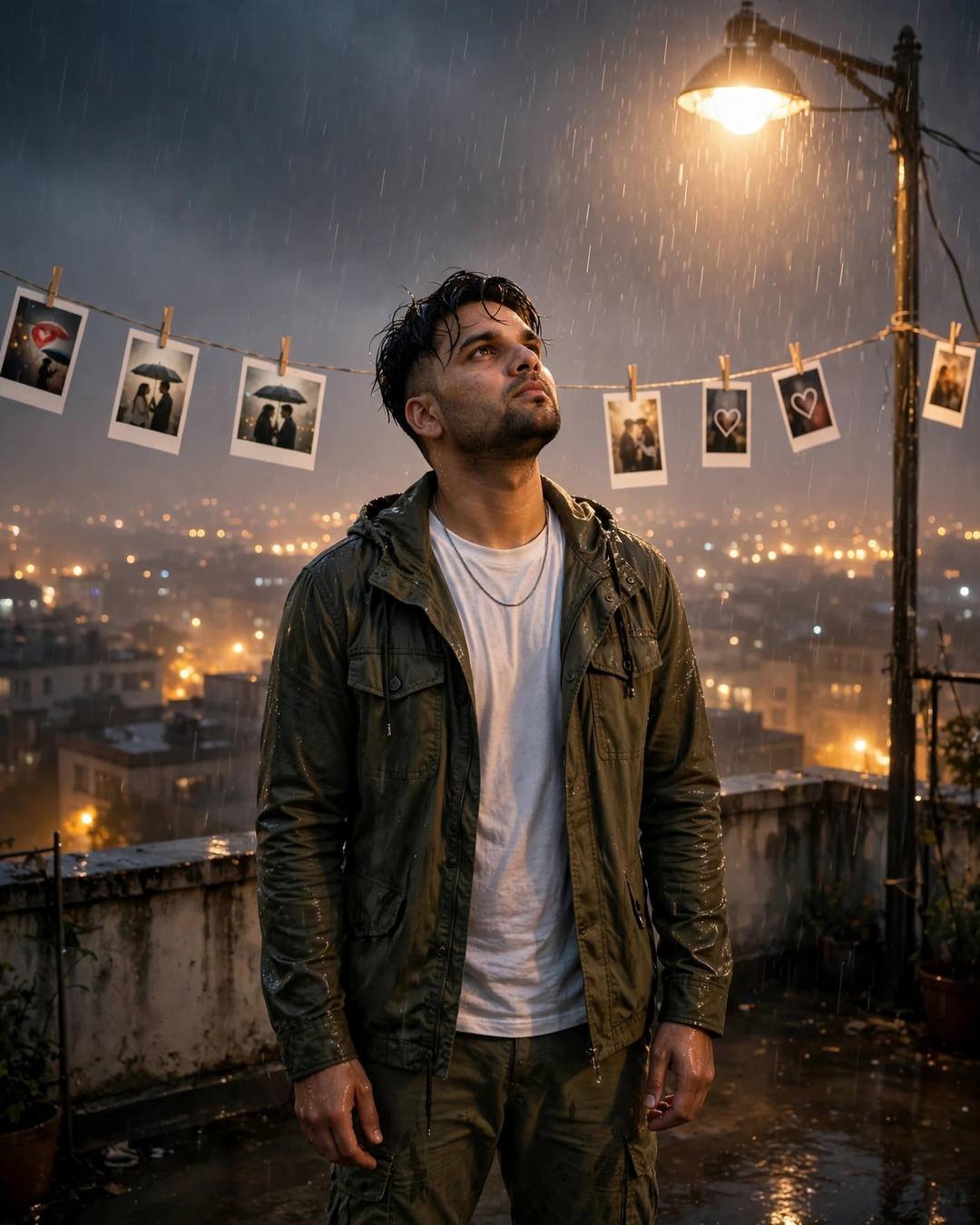 Young Indian man in an olive field jacket standing under a streetlamp on a rainy rooftop at night, face lifted to the sky, polaroid photos strung on a line above, sleeping city lights glowing below