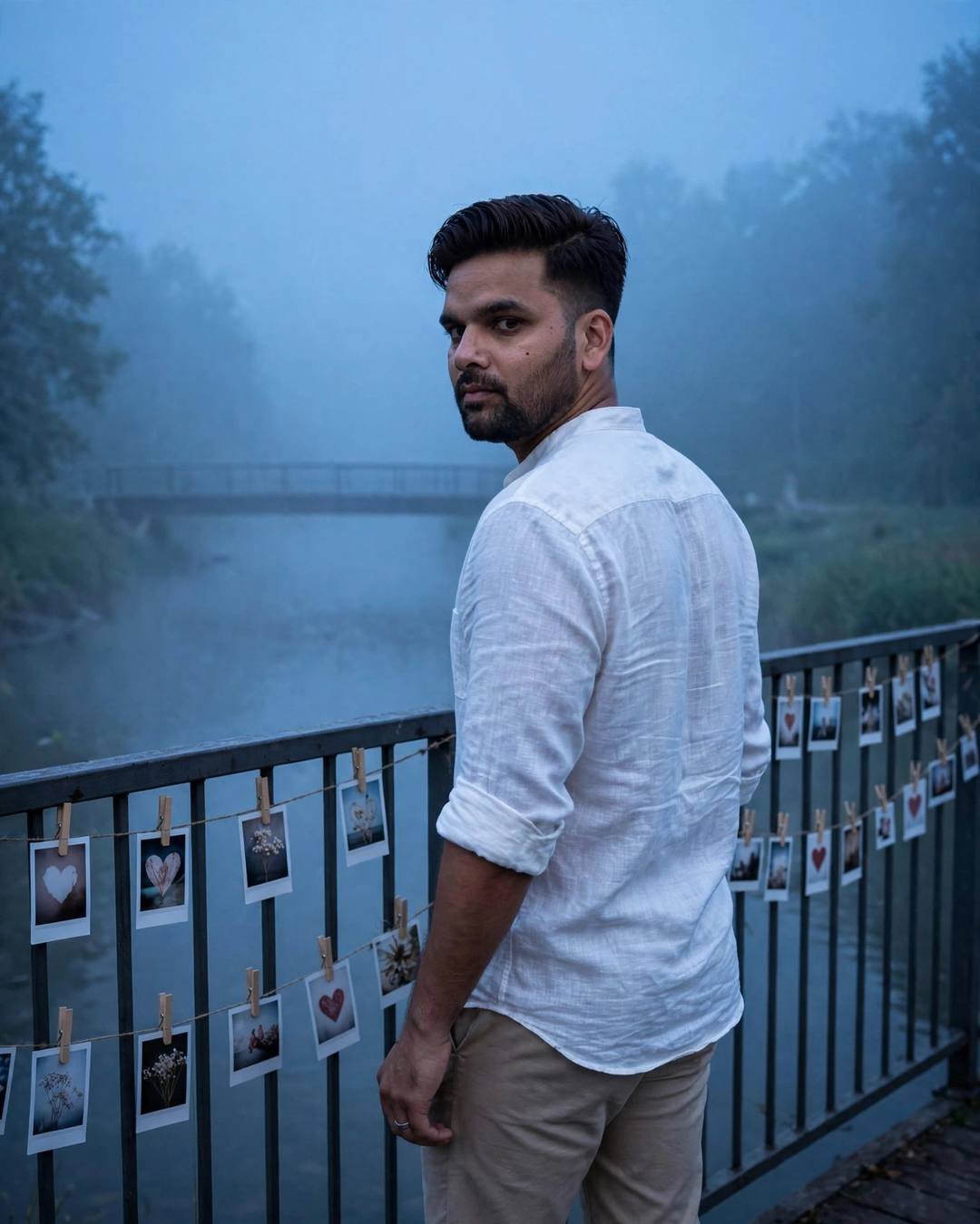 Young Indian man in a white linen shirt and beige trousers walking away across a foggy bridge over a river at blue hour, turning back to the camera, polaroid photos strung along the railing
