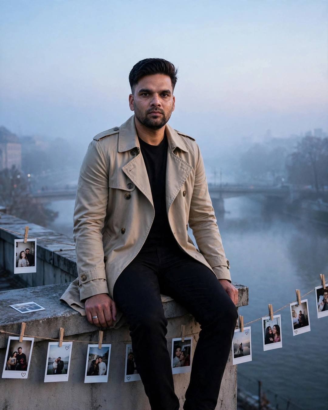 Young Indian man in a beige trench coat sitting on a stone bridge parapet at dawn, legs dangling over a slow river, polaroid photos strung along the ledge, fog all around
