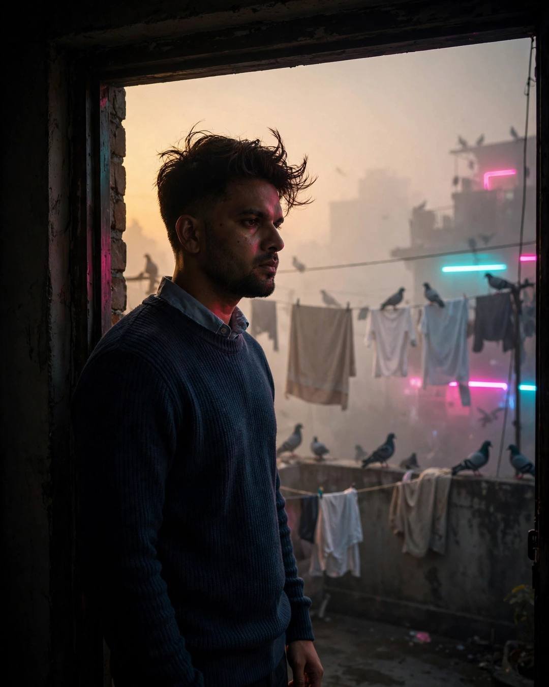AI-generated cinematic portrait: Hearing her laugh in a crowded market,